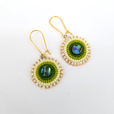 Beaded Flat Stitch Circular Earrings with Abalone - Arts and Heritage St. Albert