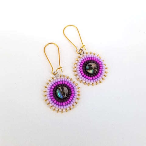 Beaded Flat Stitch Circular Earrings with Abalone Small Purple - Arts and Heritage St. Albert