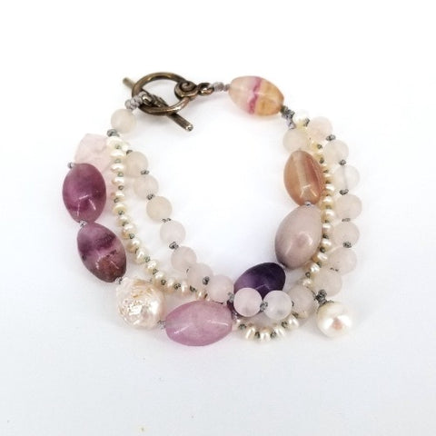 'Lotus' 3 Strand Bracelet Amethyst Rose Quartz & Pearl - Arts and Heritage St. Albert