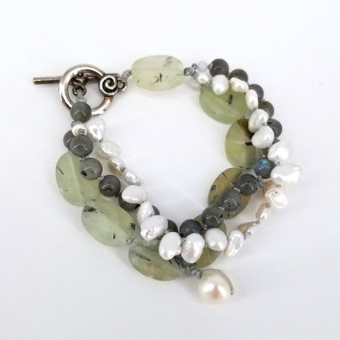 'Lotus' 3 Strand Bracelet Prehnite & Pearl - Arts and Heritage St. Albert