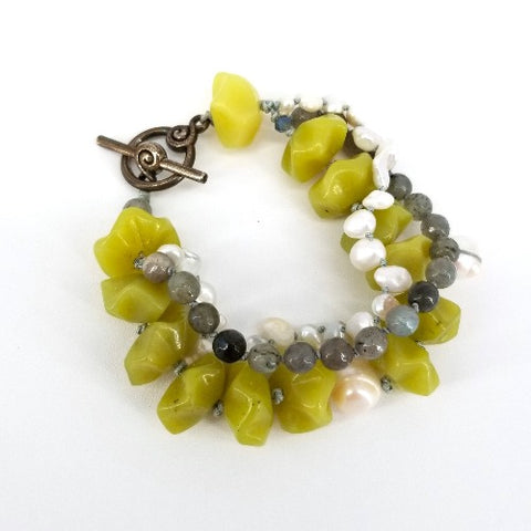 'Lotus' 3 Strand Bracelet Olive Jade & Pearl - Arts and Heritage St. Albert