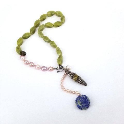 'Pema' Necklace with Olive Jade, Pearl, Lapis - Arts and Heritage St. Albert