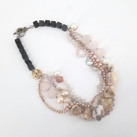 'Pema' Necklace with Rose Quartz, Agate, Freshwater Pearls & Lava Rock - Arts and Heritage St. Albert