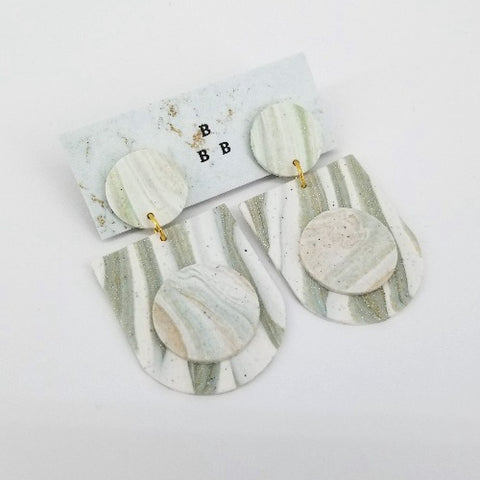 'Clay Classics' Large Clay, Acrylic and Resin Earrings Striped White Blue & Grey - Arts and Heritage St. Albert