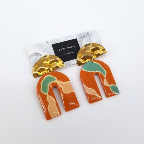 'Clay Classic' Earrings With Bronze U Shape - Rust & Blue - Arts and Heritage St. Albert