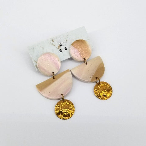 'Clay Classics' Large Clay, Acrylic and Resin Earrings Round Pink & Gold Strinpes - Arts and Heritage St. Albert