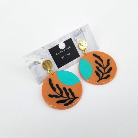 'Clay Classic' Earrings With Bronze Round - Rust & Blue - Arts and Heritage St. Albert