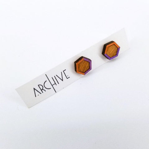 Hand-Painted Wooden Stud Earrings Hexagons - Brown Orange & Purple - Arts and Heritage St. Albert