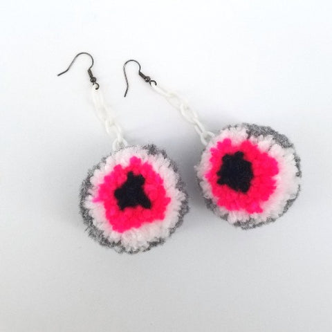 Pom Pom Earrings Pink & Grey Eyeballs - Arts and Heritage St. Albert