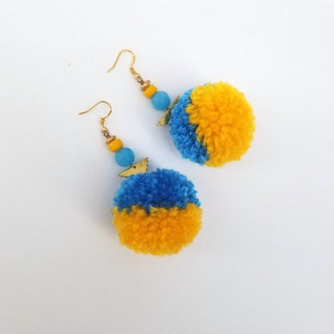 Pom Pom Earrings Blue & Yellow - Arts and Heritage St. Albert