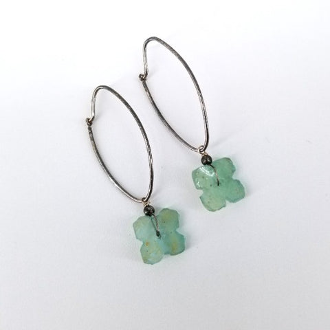 Ancient Glass Earrings, Aqua Flower, Oval Continuous Hoop - Arts and Heritage St. Albert