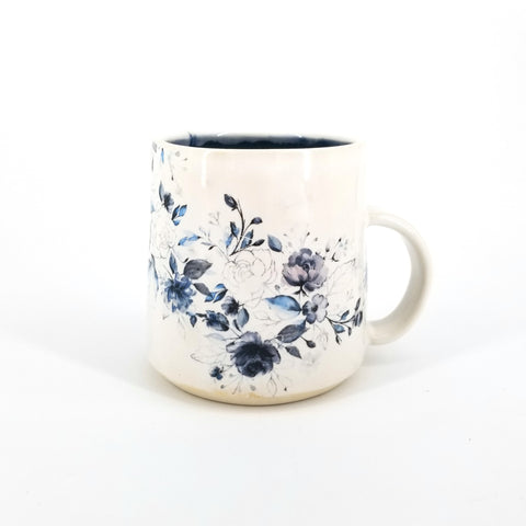 Floral Decal Mugs Tall White with Pale Blue Roses, 4" tall & 3.5" diameter at rim - Arts and Heritage St. Albert