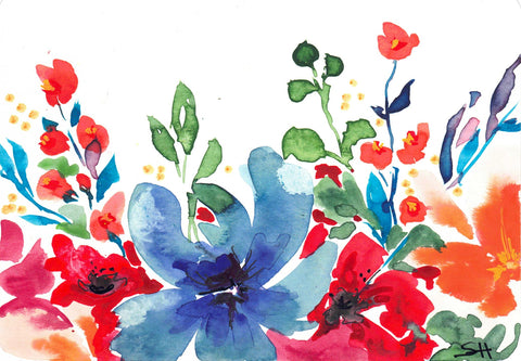 'Floral Series' Original Watercolours Flower Garden with Blue - Arts and Heritage St. Albert