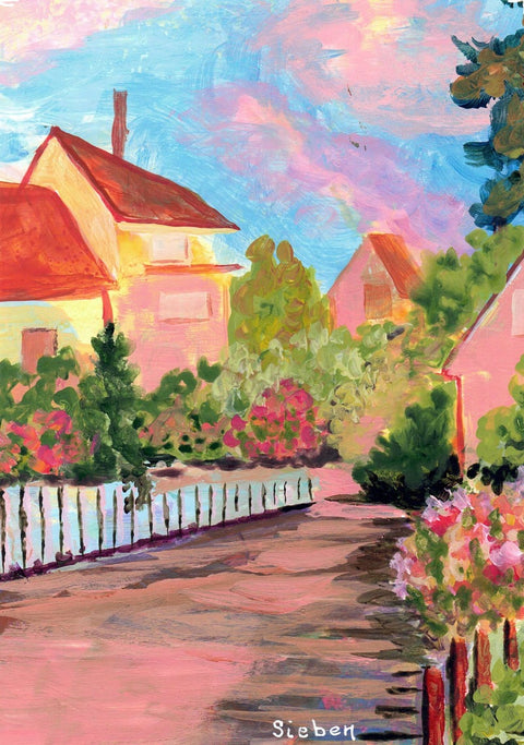 'House Series' Original Painted Art Card Blue Fence - Arts and Heritage St. Albert