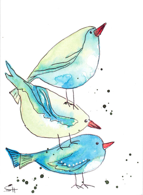 'Bird Series' Original Art Cards 3 Teal Birds - Arts and Heritage St. Albert