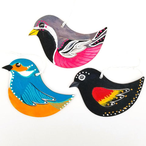 Set of 3 Hand Painted Wooden Bird Ornaments #2 - Arts and Heritage St. Albert