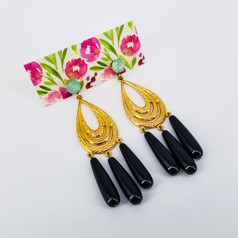 Large Hanging Chandelier Earrings With Pearls Black - Arts and Heritage St. Albert