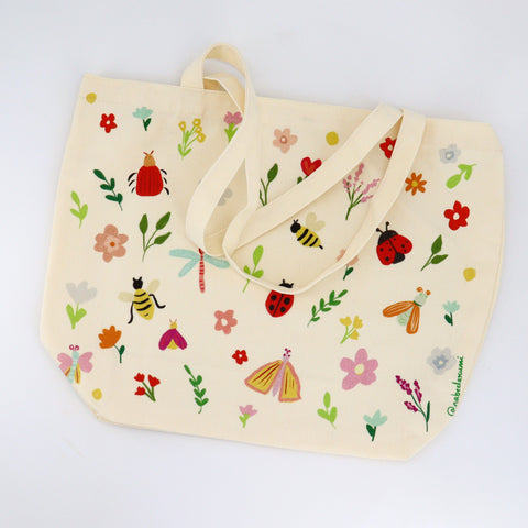 Illustrated Canvas Tote Bag Bugs and Flowers - Arts and Heritage St. Albert