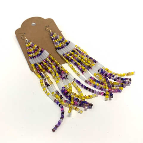 Extra Long Beaded Earrings purple, yellow and white - Arts and Heritage St. Albert