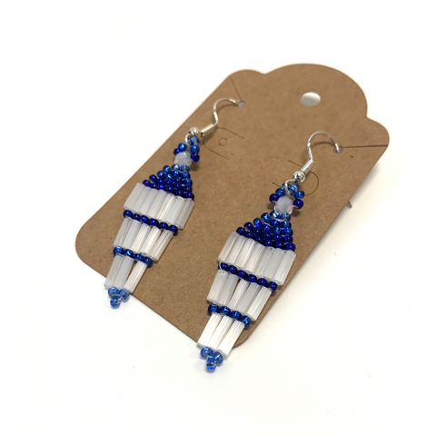 Beaded Earrings white and blue - Arts and Heritage St. Albert