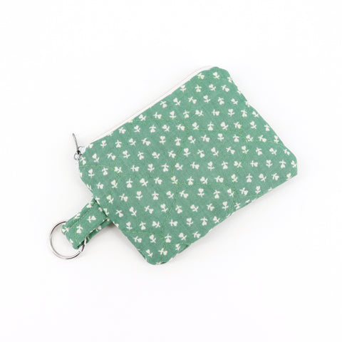 Handsewn Keychain Pouch Green with White Floral Pattern (medium) - Arts and Heritage St. Albert