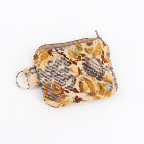 Handsewn Keychain Pouch Brown & Lilac Floral (mini) - Arts and Heritage St. Albert