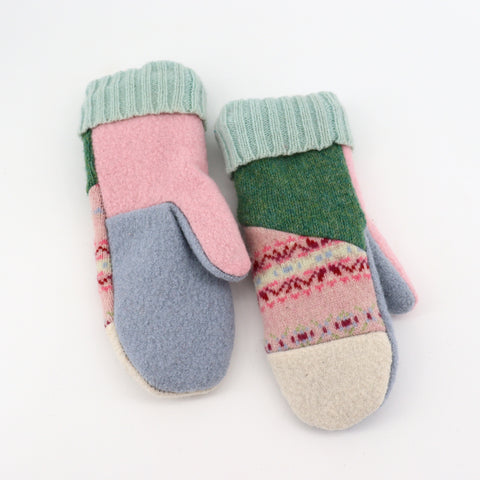 Handmade Upcycled Wool Mittens - Small Pink, Blue and Green with Green Cuff - Arts and Heritage St. Albert