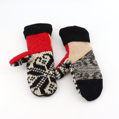 Handmade Upcycled Wool Mittens - Small Black, Tan and Red with Black Cuff - Arts and Heritage St. Albert