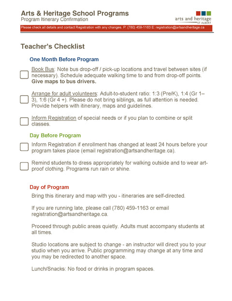 Teacher checklist for in-person programs