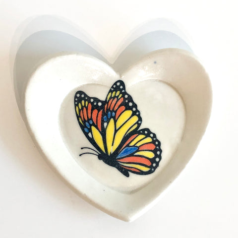 Heart Shaped Trinket Dish with Butterfly Yellow and Red Buttefly - Arts and Heritage St. Albert