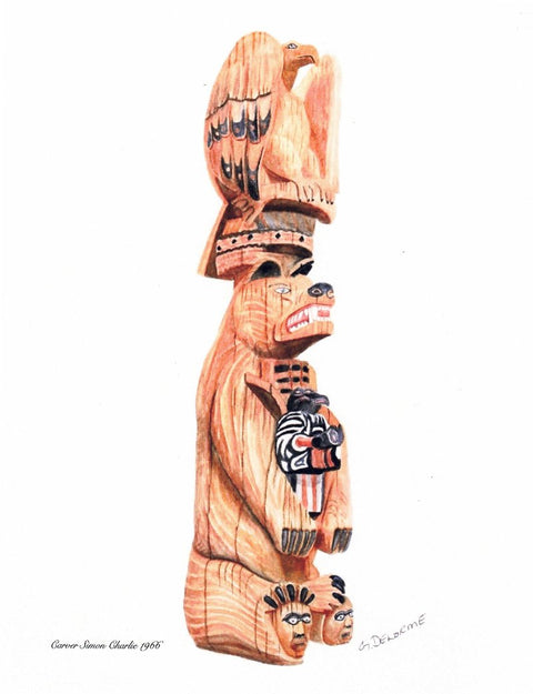 'Totem' Art Prints By Gerald Delorme Salish Bear Pole, Cowichan Indian Band at Duncan. B.C, Carver Simon Charlie - Arts and Heritage St. Albert