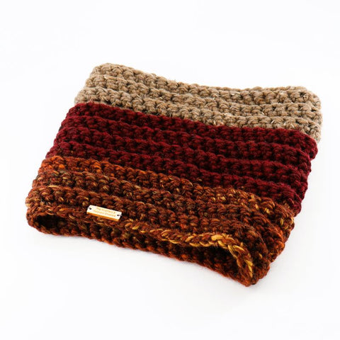 Hand Crochet Short Infinity Scarf Brown, Burgundy & Dark Oatmeal - Arts and Heritage St. Albert