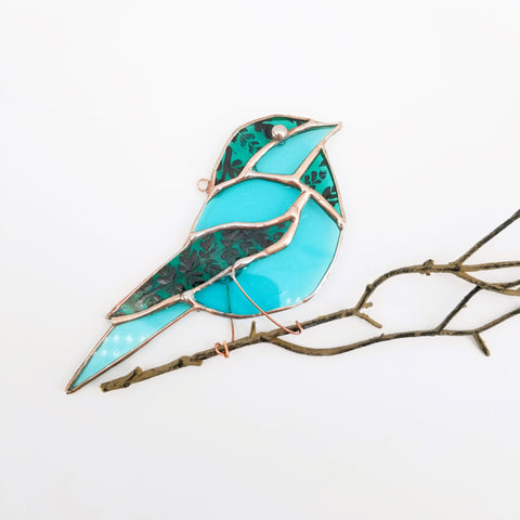 Stained Glass 'Birdies' Teal with Floral Wings - Arts and Heritage St. Albert