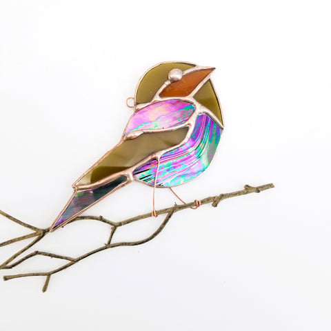 Stained Glass 'Birdies' Purple Hues with Brown Wings - Arts and Heritage St. Albert