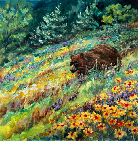 Masked Cinnamon Bear in Wildflower Meadow - Arts and Heritage St. Albert