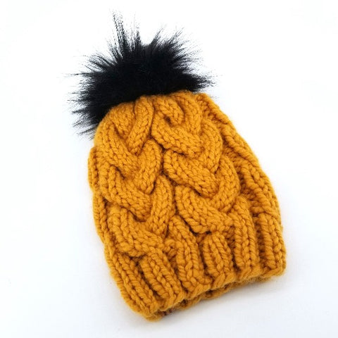 Hand Knit Cable Knit Adult Toque Mustard Yellow - Arts and Heritage St. Albert