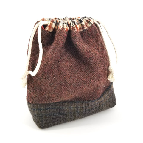 Small Upcycled Drawstring Bag Brown Tweeds - Arts and Heritage St. Albert