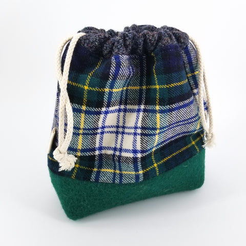 Small Upcycled Drawstring Bag Green Plaid - Arts and Heritage St. Albert