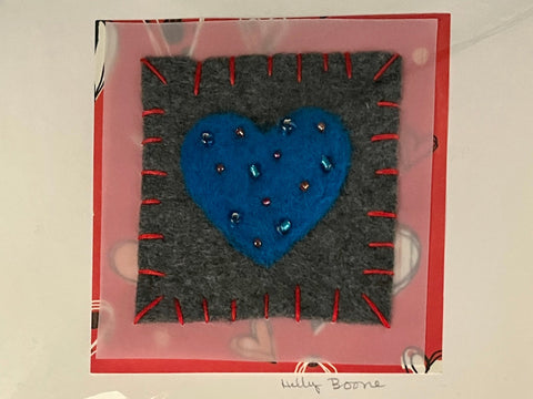 Holly Boone Art Cards - Single Hearts Solid Blue with Beads - Arts and Heritage St. Albert