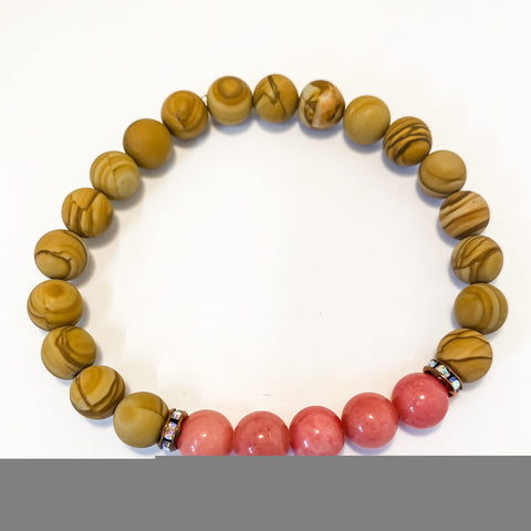 Harmony Mala Bracelet Wood Jasper & Pink Jade - Arts and Heritage St. Albert