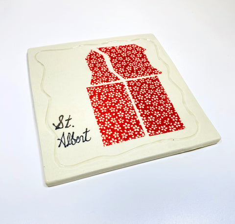 Grain Elevator Trivet Red Border - Arts and Heritage St. Albert