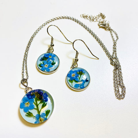 Pressed Flower Art Necklace and Earring Set Blue - Arts and Heritage St. Albert