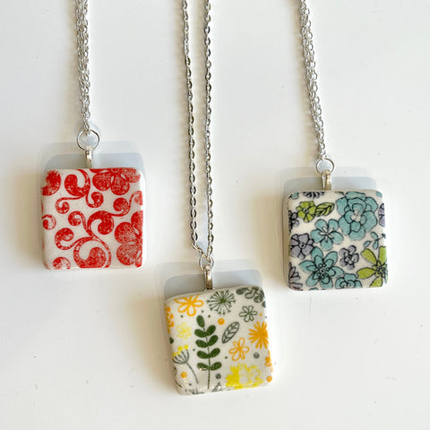 Ceramic Pendant Necklace Green Orange & White Square - Arts and Heritage St. Albert