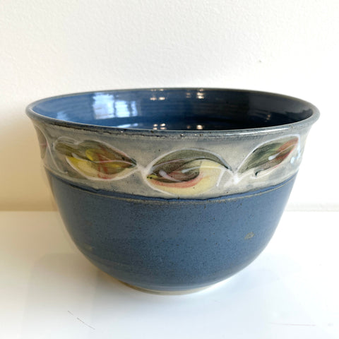 Large Blue & White Bowl with Leaves - Arts and Heritage St. Albert