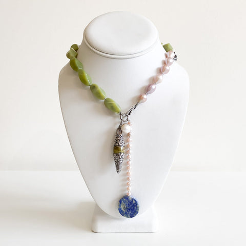 'Pema' Necklace with Olive Jade, Pearl, Lapis - Arts and Heritage St. Albert