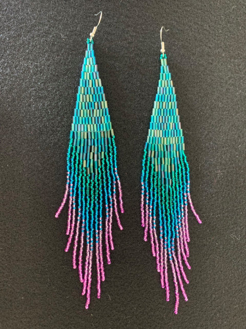 Extra Long Beaded Earrings Teal and purple - Arts and Heritage St. Albert