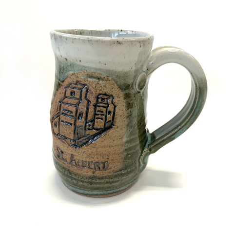 St Albert Grain Elevator Mug Green Speckle - Arts and Heritage St. Albert